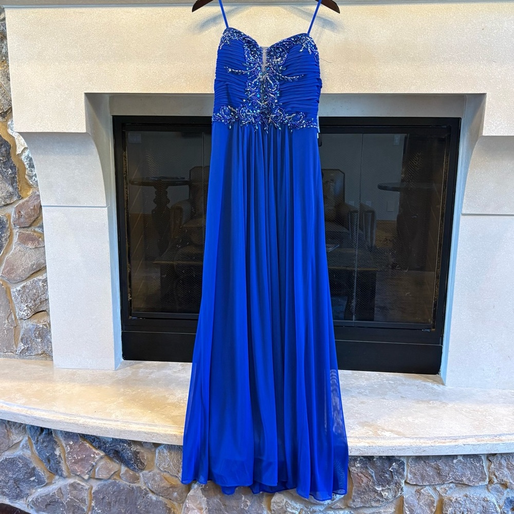 Royal Blue Beaded Empire Waist Evening Gown